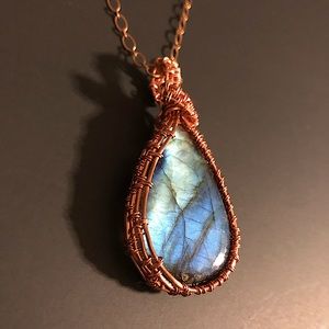 Hand Crafted Copper Chain Necklace w/ Large Teardrop Labradorite Pendant